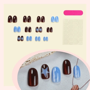 24-piece cat-eye oval press-on nails set with blue stars and glitter in deep brown and light blue