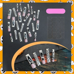 Halloween Press-on-Nägel Set mit Spinnennetz-Design und schwarzen Sarg-Nägeln mit Kreuz