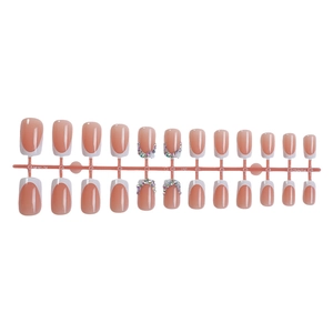 Pink French press-on nails with sparkling colorful rhinestones, 24 pieces set on rack