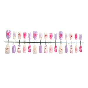 3D-Blumen-Nagelset zum Aufkleben mit lila-rosa Farbverlauf und Goldperlen-Akzenten