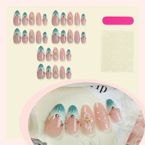 French tip 3D amber blue press-on nails set with 3D flowers, pearls, and jelly glue stickers