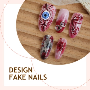 3D Halloween almond fake nails featuring realistic blood stains and eyeball designs