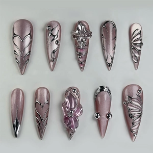 Press On Nails 3D Cat Eye Long Stiletto False Nails Silver Metallic Butterfly Heart Design For Women Fashion