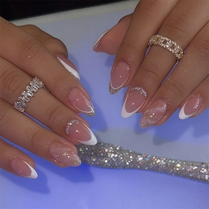 Long Almond Press On Nails White French Tip Rhinestones Glitter Marble Pattern Artificial False Tips For Women DIY Manicure