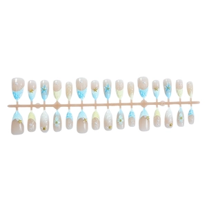 3D ocean-themed press-on nails with 3D flowers, pearls, and seashells in size XS