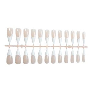 Classic long stiletto French press-on nails set with natural pink base and white tips