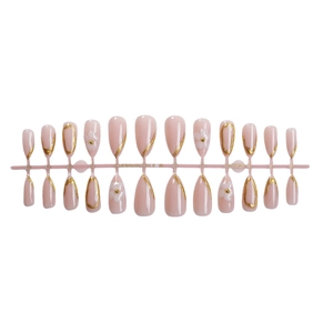 24pcs nude pink almond press-on nails with 3D white flowers and gold foil borders