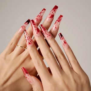 Halloween Press On Nails Longue Forme De Cercueil Éclaboussures De Sang Rouge Gothique Manucure DIY Femmes Faux Ongles
