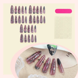 3D cat-eye long coffin press-on nails in lavender purple with silver butterfly art