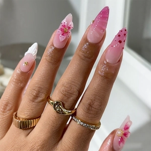 Long Almond Press On Nails 3D Embossed Floral Artificial Pearl Gold Bead Gradient Pink Glossy Elegant Fake Nails For Women