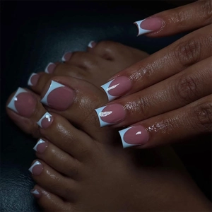 French Press On Nails Fingernails And Toenails Combo Pink White Square Shape Glossy Removable Women