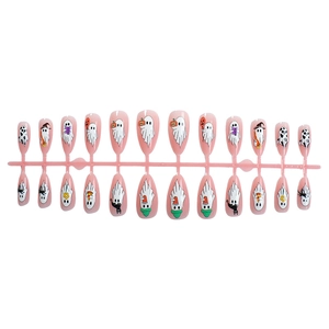 Halloween ghost press-on nails set in pink almond shape with cute pumpkin patterns