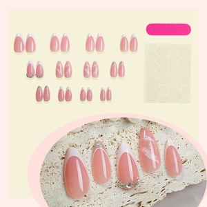 Almond French white tip press-on nails with glitter, rhinestones and marble texture set