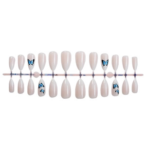 24pcs gradient pink press on nails with dark blue butterfly designs in almond shape