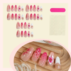 Pink 3D flower press-on nails with 3D gradient finish and pearl accents full set