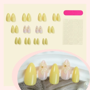 French yellow almond press-on nails set with 3D embossed flowers and pink gradient design