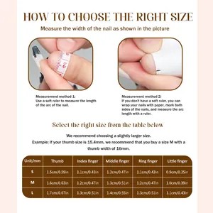 Detailed size guide for almond press-on nails with thumb to little finger measurements