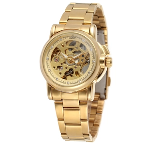Golden skeleton automatic mechanical watch for women with rhinestone markers and metal strap