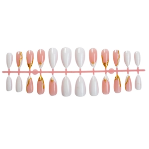 French style almond press-on nails in pink and pearl white with gold star accents