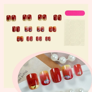 Short square red apple press-on nail kit with 24 pcs, file, and adhesive tabs