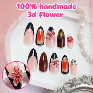 3D handmade floral press-on nails with leopard patterns and long almond shape sets