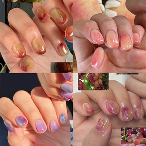 French Gradient Fruit Color Press On Nails Marble Pattern Glossy Jelly Texture Fake Nails For Women Manicure Beauty