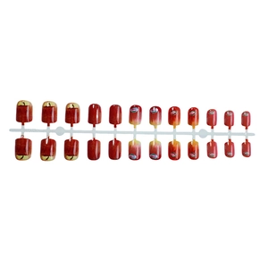 Short square press-on nails featuring a red apple gradient design on a 24-piece display set