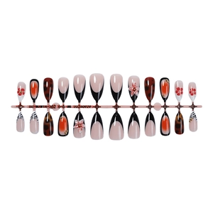 24pcs long almond press-on nails with 3D floral leopard zebra patterns and gold bead accents