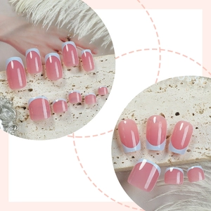 Pink and blue French manicure press-on nails set for fingers and toes with tools