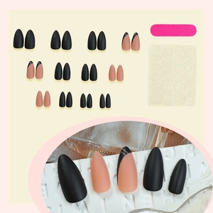 Matte black and pink almond press-on nails set with 24 pieces and silver line details