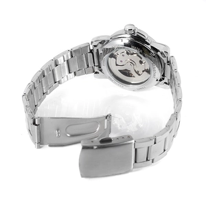 Silver stainless steel hollow automatic mechanical watch with visible case back and folding clasp