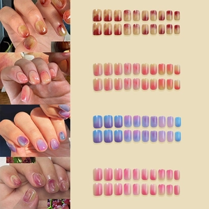 French gradient press-on nails set with four glossy fruit-inspired ombré nail art styles
