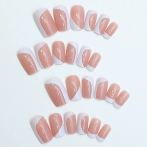 Classic French tip press-on nail kit with nude pink base and white arc tips 24pcs set