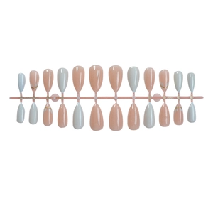 French almond press-on nails in nude pink and blue with gold lines, 24 piece set