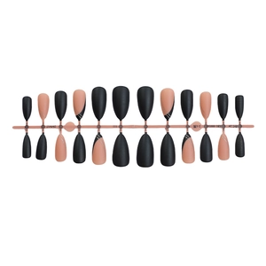 Matte black and nude almond press-on nails with silver glitter lines set of 24 pieces