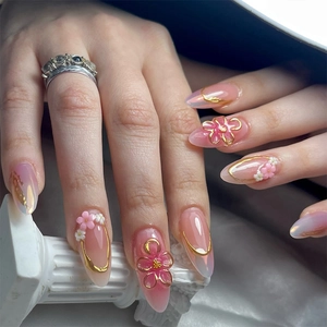 French Press On Nails 3D Floral Almond Shape Pink Gold Artificial Pearl Aurora Fake Nails For Women Manicure Decor