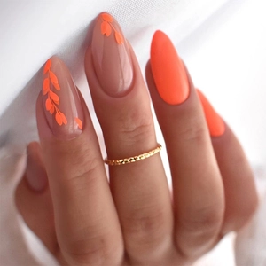French Style Press On Nails Almond Shape Orange Leaf Pattern Nude Pink Artificial False Nails Elegant Manicure For Women
