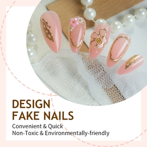 3D French floral press-on nails with almond shape, gold outlines and 3D flower accents