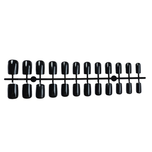 Glossy black press-on nails set with 24 pieces in various sizes on plastic runner