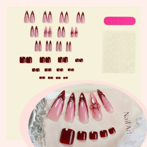 Faux ongles 3D avec fleurs rouges et strass, style French pour mains et pieds complets