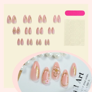3D French almond fake nails with handmade flowers and gold foil accents set