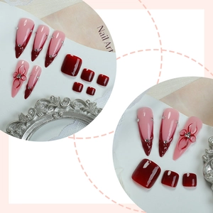 Faux ongles 3D à fleurs rouges et roses pour doigts et orteils avec strass argentés