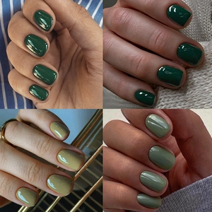 Short Press On Nails Solid Color Glossy Emerald Olive Green Simple French Style Removable Artificial Fingernails For Women