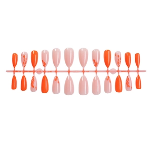 French orange press-on nails with leaf pattern, 24-piece teardrop fake nail set