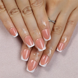 French Tip Press On Nails Short Square Nude Pink And White Glossy Elegant DIY Manicure For Women