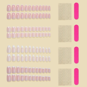Short pink French press-on nail sets with white tips in various shapes and manicure tools