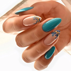 Press On Nails Blue Floral Pattern Gold Glitter Almond Shape Glossy Full Cover Fake Nails French Style Manicure For Women