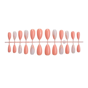 Almond-shaped press-on nails set with coral pink, white marble design and silver stripes