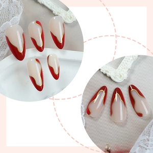 French almond press-on nails with red tips and irregular gold metallic lines 24pcs set