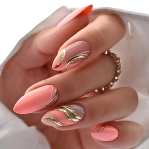 French almond fake nails with glitter pink lines and gold foil details for women